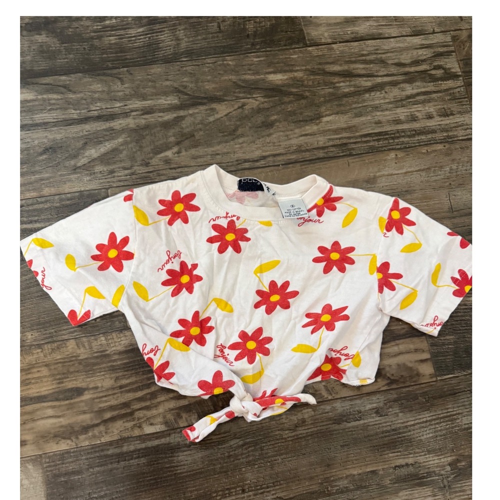 Girls bonjour vintage White Red Daisy  Front Tie Crop Top‎ T-Shirt Size 5